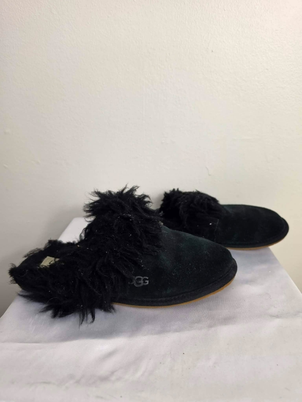 UGG Black Suede Slip-On Slippers with Plush Fur Cuff